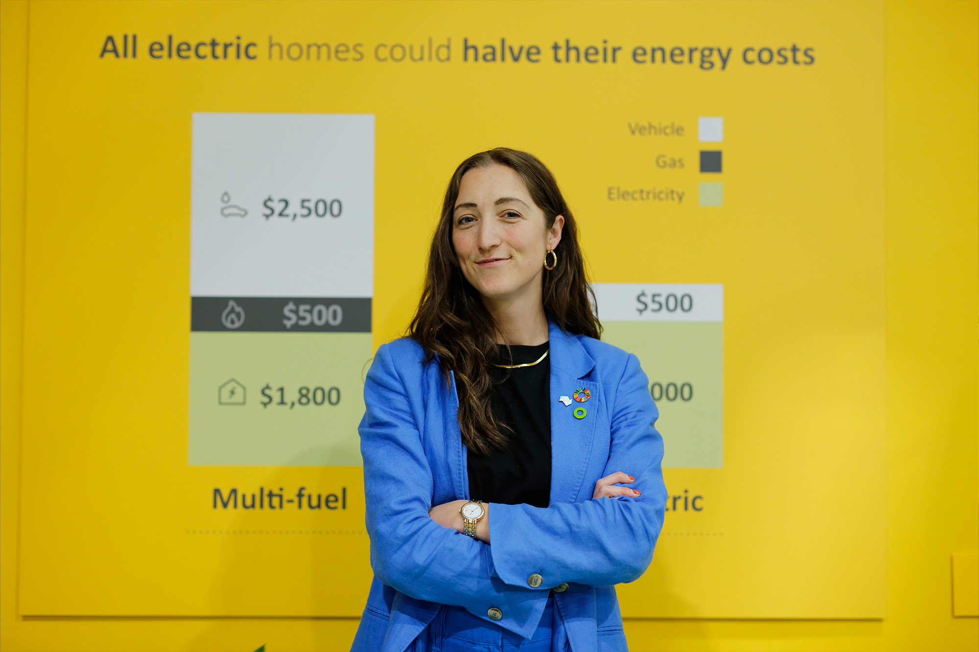 A woman stands in front of signage with an infographic saying 'All electric homes could halve their energy costs'.